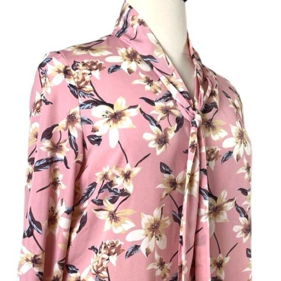 Shein Curve Blouse Tie Neck Long Sleeves Pink Multi Floral Top Women’s Size 0X - Picture 6 of 13